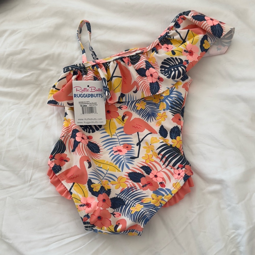 NWT ruffle butts one piece tropical flamingo 18-24m